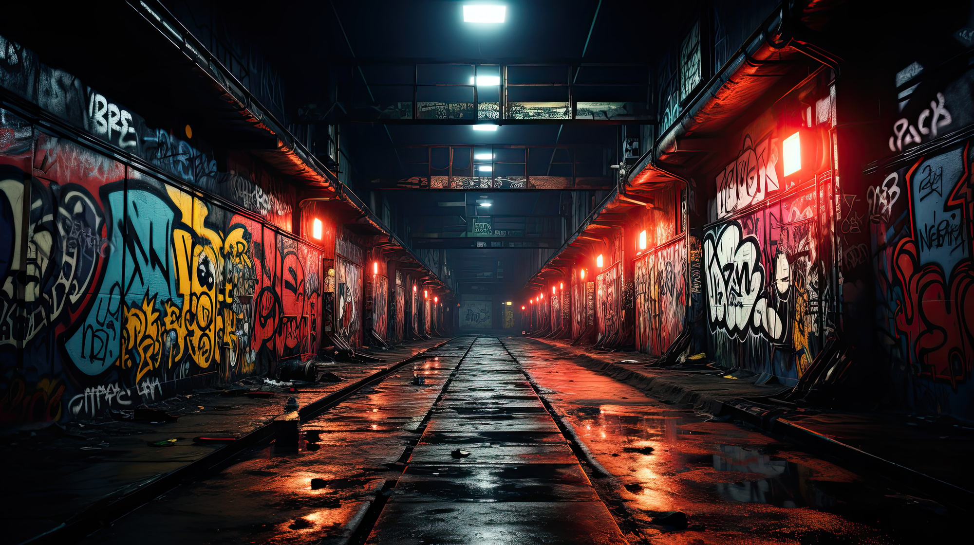 an empty warehouse is covered with graffiti and red light above the tracks